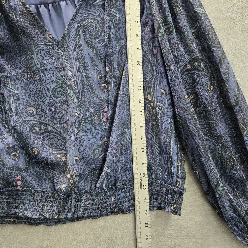 Lucky‎ Brand Women Blouse L Blue Paisley Sheer Chiffon Bubble Hem